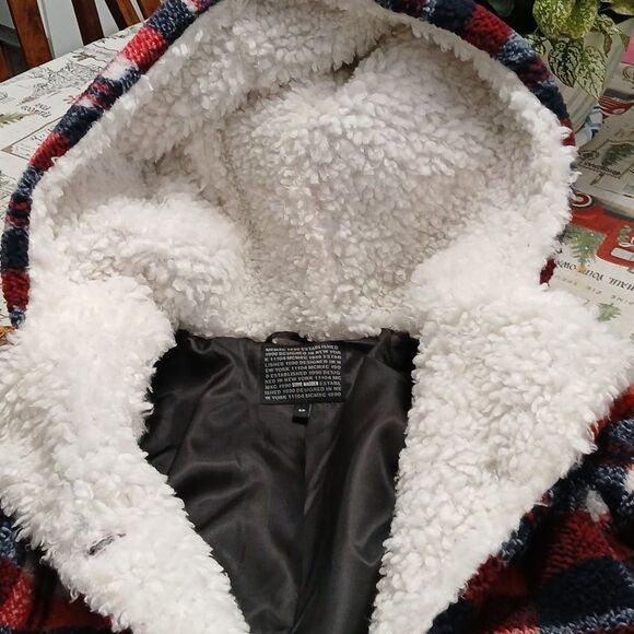 Steve Madden Red Navy Plaid Fleece Faux Fur Sherpa Lined Hooded Coat Sz S NWOT - Picture 8 of 10